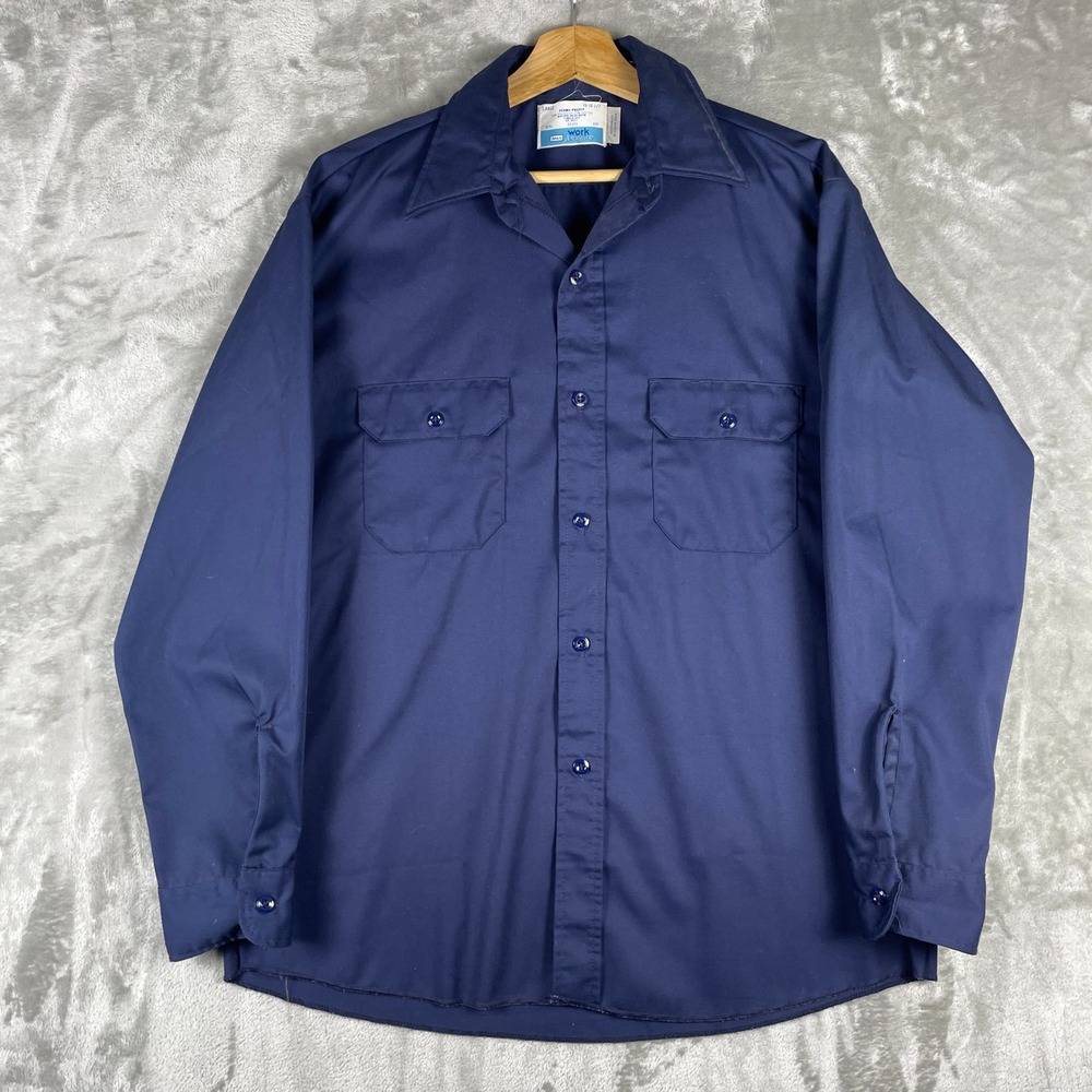 True Vintage Sears Work Leisure Button Shirt Mens L Blue Twill Long Sleeve 70s